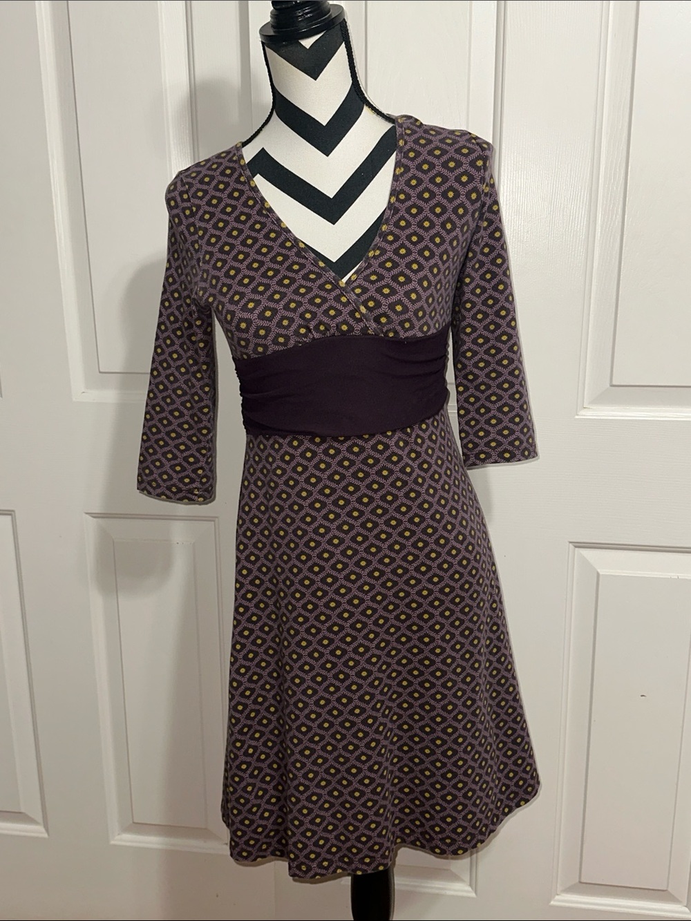 Patagonia Purple Patterned V-Neck Empire Waist Dress